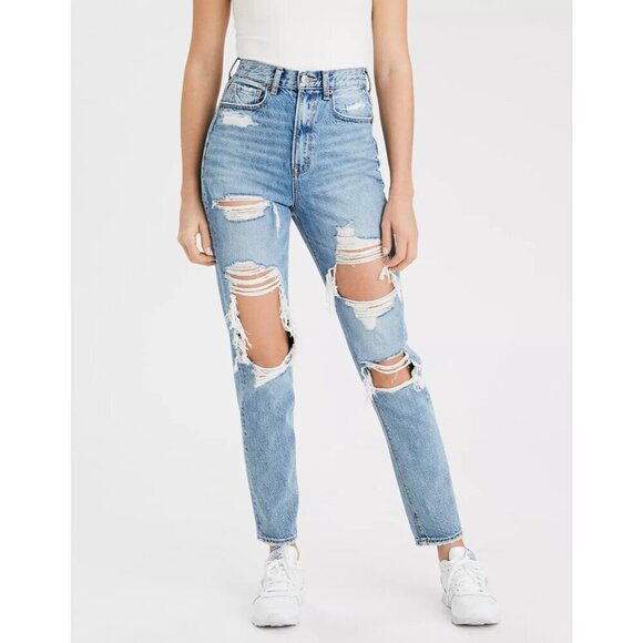 American Eagle Highest Waist Mom Jean Destroyed Rigid Denim Indigo Skylight Long - Picture 1 of 7